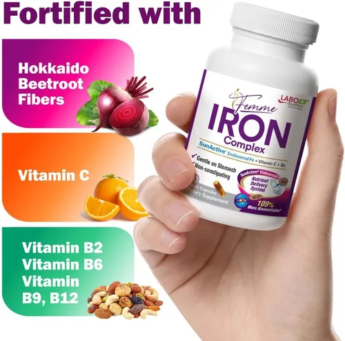 Vista 4 de LABO Nutrition Femme Iron Endosomal SunActive, suplemento de hierro no irritante de 15 mg para constructor de sangre, vegano, suave, sin regusto