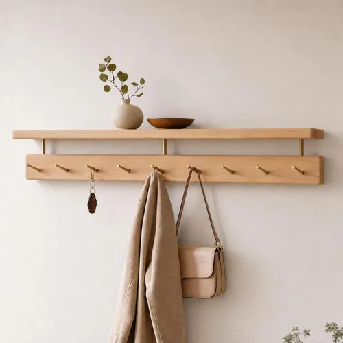 Vista 10 de Ganchos de pared de madera maciza con estante, perchero de pared, estante colgante de entrada con 6 ganchos de latón para sombreros, ropa, toallas