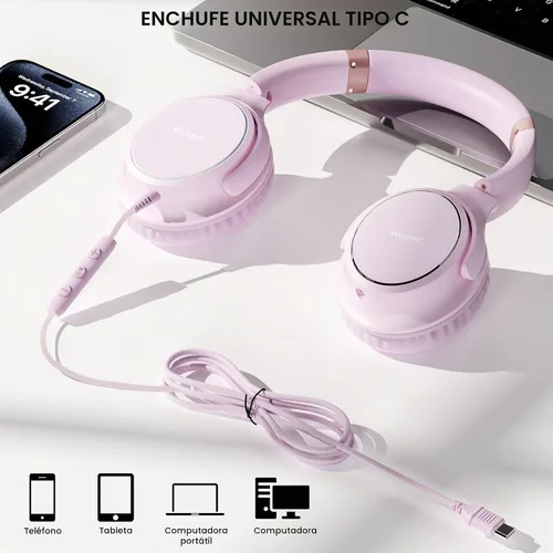 Vista 5 de Auriculares con cable USB C sobre la oreja con micrófono, control de volumen, puerto compartido y diadema ajustable, auriculares estéreo plegables
