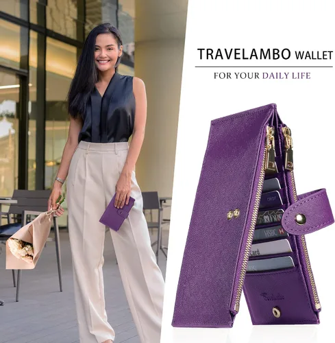 Vista 5 de Travelambo Cartera para mujer con bloqueo RFID y bolsillo con cremallera Cartera RFID