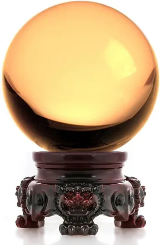 Vista 5 de Amlong Crystal - Bola de cristal ámbar de 3 pulgadas (80 mm) con base de resina de león arcoíris y caja de regalo para bola decorativa, fotografía