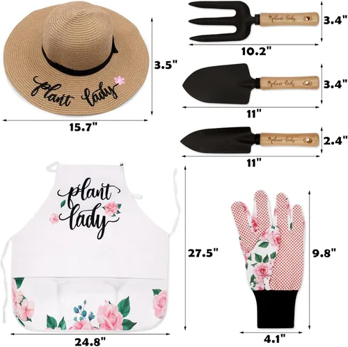 Vista 4 de Percozzi Plant Lady - Herramienta de jardinería para mamá, kit de herramientas de jardinería, sombrero de paja, delantal floral, guante para su