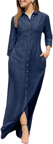 Vista 8 de utcoco Vestido largo casual de mezclilla con botones para mujer, con solapa, manga larga, con bolsillos