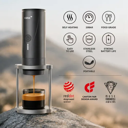 Vista 3 de CERA+ PCM04A - Cafetera portátil para café expreso con cesta profesional de 2.008 in Self-Heating Electric Espresso Machine for Ground Coffee, 20