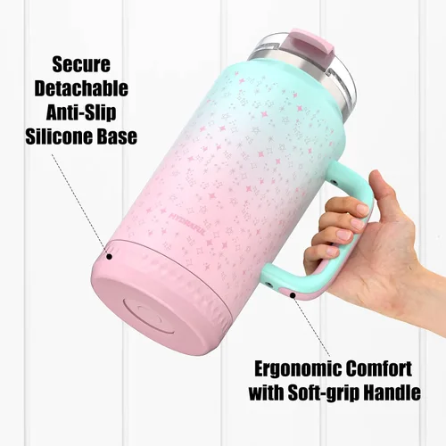 Vista 6 de Hydraful Vaso de 64 onzas con asa y pajilla, 100% a prueba de fugas, vaso aislado reutilizable, botella de agua grande de acero inoxidable, taza
