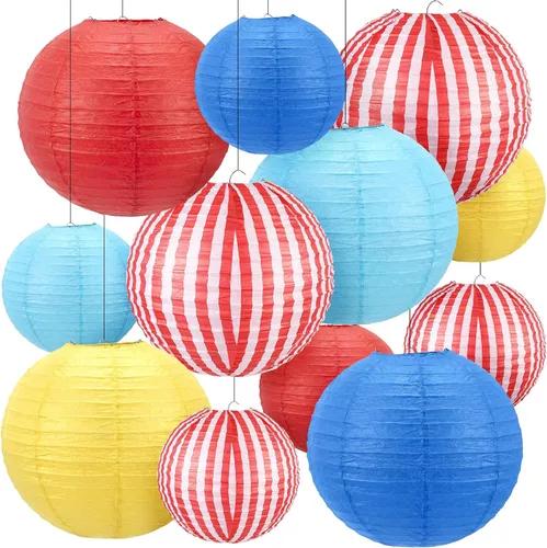 Vista 7 de Hortsun 12 Pcs Carnival Circus Decorations Red and Blue Striped Paper Lanterns Chinese Hanging Paper Lanterns for Carnival Circus Wedding Birthday