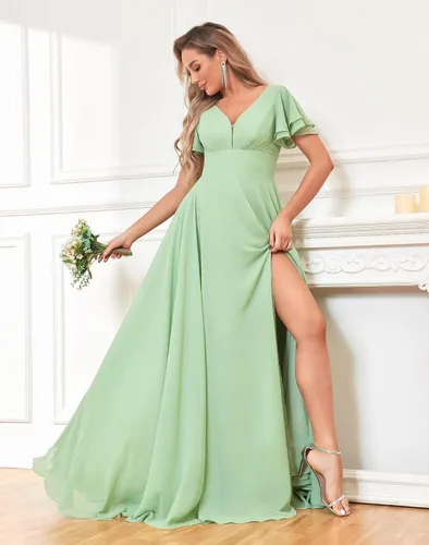 Vista 5 de Flutter Sleeves Bridesmaid Dresses for Women Chiffon V-Neck Pleated Formal Dress with Pockets Slit