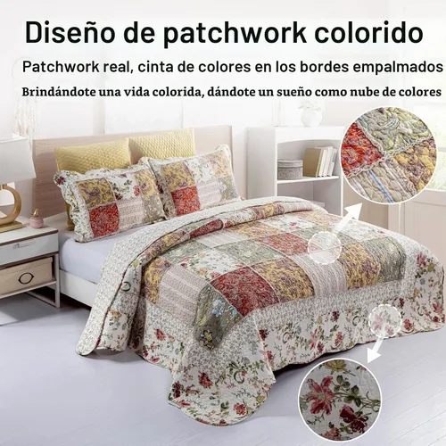 Vista 2 de YAYIDAY Juego de colcha de retazos tamaño Queen, 100% algodón, reversible, transpirable, rojo, multicolor, acolchado con fundas de almohada