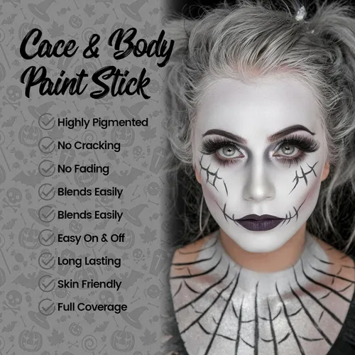 Vista 3 de White Face Paint Stick for Halloween, Skeleton Makeup Stick with Brush, White Face & Body Paint for Skull, Ghost Costume Makeup, Halloween Party