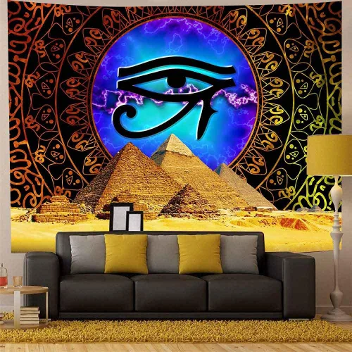 Vista 4 de Aidatain Tapiz de pirámide egipcio ojo de Horus para colgar en la pared, mandala dorado bohemio, franela de mitología antigua, tamaño grande, 80