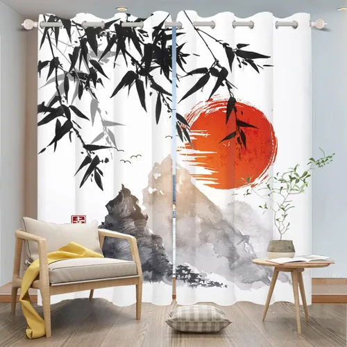 Vista 3 de Cortinas japonesas con pintura de tinta, monte Fuji, sol rojo, puesta de sol, hojas de bambú, cortinas de ventana para dormitorio, sala de estar