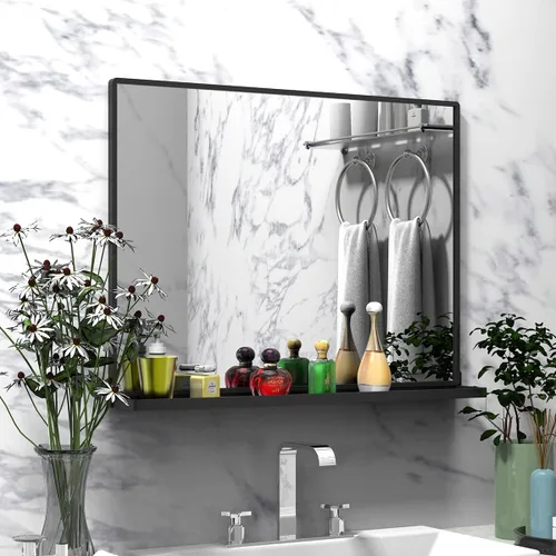 Vista 15 de Espejo de baño con estante, espejo de pared rectangular negro, marco de metal, colgante horizontal o vertical (24 x 20 pulgadas)