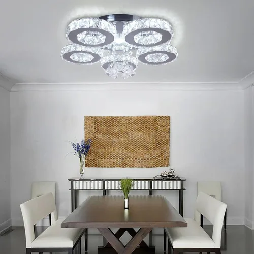 Vista 4 de Lámpara moderna de techo de cristal grande, lámpara de araña LED de cinco anillos, luz colgante para comedor, dormitorio, cocina