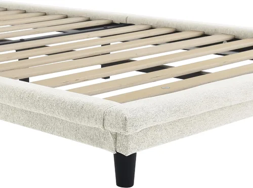 Vista 9 de Cama de plataforma flotante, marco de cama de madera tamaño individual con rayas claras, tela de lino suave y cabecera de diseño capitoné
