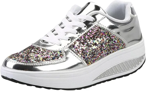 Vista 6 de Hbeylia Zapatos deportivos de moda con plataforma para mujer, de piel con purpurina, estilo casual, parte inferior gruesa, tacones altos, zapatos
