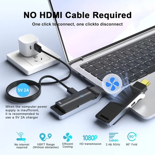 Vista 2 de Kit de transmisor y receptor HDMI inalámbrico con disipación de calor, interfaz flexible de 90°, doble banda 2.4G/5G - Transmite video y audio desde