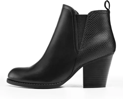 Vista 4 de mysoft Botines de tobillo para mujer con corte en V, panel elástico lateral, tacón grueso apilado con cremallera lateral Patrón de serpiente negro.