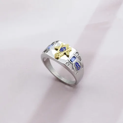 Vista 5 de RLJWUNB Anillo de regalo masón masón masónico para logia masónica, símbolo masón chapado en oro, anillo de motociclista para fanáticos masones