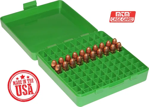 Vista 2 de Caja MTM con tapa abatible para 100 municiones para pistolas de calibre 15 pulgadas y 0.35 pulgadas Verde