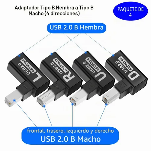 Vista 2 de Tipo-B macho USB 2.0 a hembra adaptador de extensión izquierdo+derecha+arriba+abajo en ángulo cada horizontal vertical en ángulo para escáner