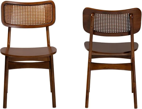 Vista 4 de Baxton Studio Tafari Mid-Century - Juego de sillas de comedor de 2 piezas con acabado marrón nogal y ratán