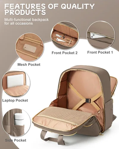 Vista 7 de Mochila de viaje de mano aprobada para el vuelo, pequeña mochila de viaje para mujeres, mochila de mano para artículos personales, bolsa de viaje