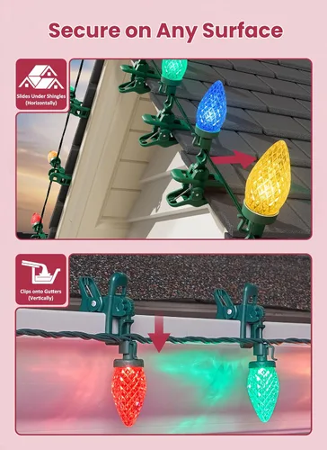 Vista 6 de Luces LED C9 de Navidad para exteriores, 68 pies, 100 luces LED de fresa con 100 abrazaderas de resorte, impermeable, grado comercial, extensible