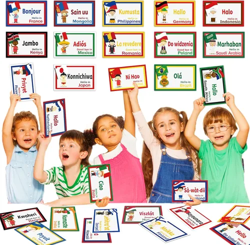 Vista 4 de 30 recortes de saludos de todo el mundo, diversidad, aprendizaje de idiomas, decoraciones de aula, recortes de idiomas multiculturales, suministros