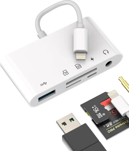 Vista 8 de Adaptador de cargador de lector de tarjetas micro SD Lightning a USB 6 en 1 para iPhone 13 14 Pro Max para iPad Dongle para Apple MFI certificado