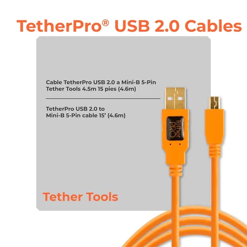 Vista 2 de Tether Tools TetherPro - Cable USB 2.0 a Mini-B de 5 pines para transferencia rápida y conexión entre cámara y computadora, naranja de alta