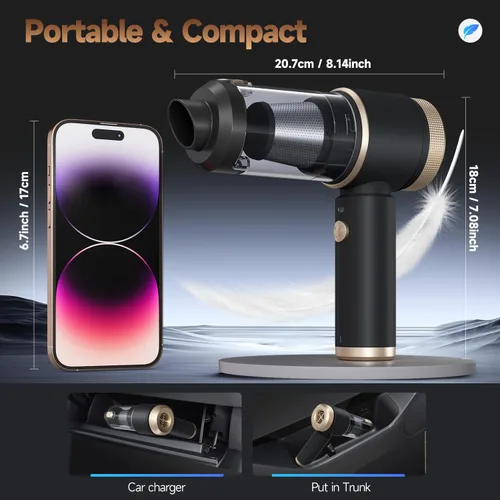 Vista 7 de Aspiradora portátil inalámbrica para automóvil, 16000PA, limpiador de automóvil de mano de succión fuerte con filtros HEPA duales, luz LED, mini