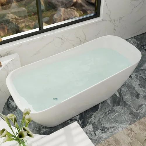 Vista 16 de Bañera independiente de acrílico Lucite de 59", forma columnar, tina de remojo contemporánea con desagüe central cromado con grifo de pie