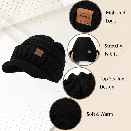 Vista 4 de Gorros de invierno para mujer Gorro de punto grueso, cálido y elegante, suave, elástico, lindo gorro de invierno para mujer con visera