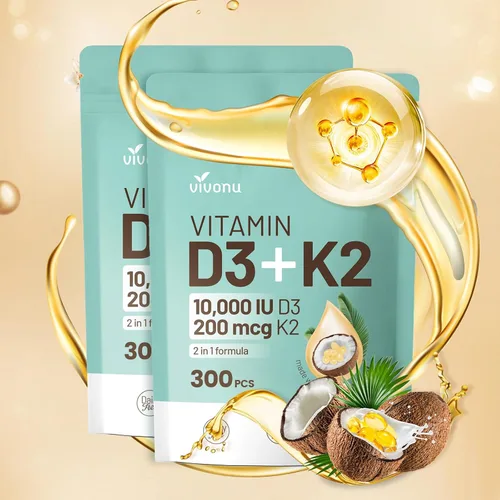 Vista 9 de VivoNu Vitamina D3 K2 10000 UI con MK7-300 Cápsulas blandas de aceite de coco virgen, 2 en 1 vitaminas D y K complejo Vitamina D3 con K2
