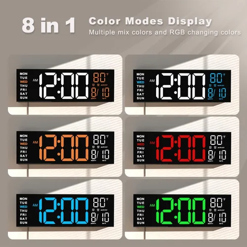 Vista 3 de JALL Reloj de pared grande de 16" digital con montaje en pared, temporizador de cuenta regresiva, alarma, LED grande, color RGB, horario de verano