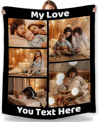 Vista 13 de Manta personalizada con foto, fabricada en Estados Unidos, 5 fotos, mantas personalizadas con imágenes propias para papá, mamá, familia, niños