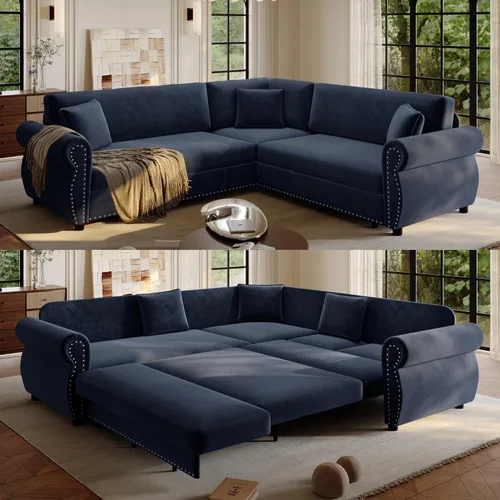 Vista 15 de Sofá cama seccional en forma de L de 6 asientos, sofá extraíble de chenilla gris Gris oscuro