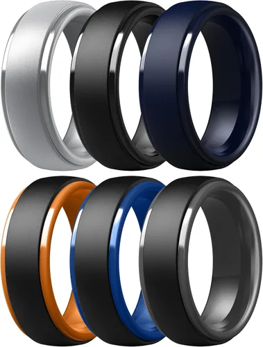 Vista 19 de ThunderFit Anillos de silicona para hombres, bandas de boda de goma con Pack A: Negro carbón