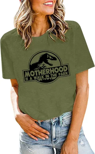 Vista 3 de Camiseta de dinosaurio para mujer, diseño de dinosaurio y mamá, camiseta divertida con texto en inglés "Motherhood is a Walk in the Park