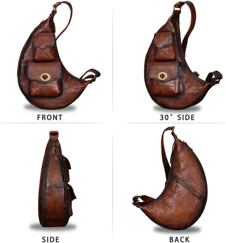 Vista 5 de Bolso bandolera grande de cuero genuino para hombres y mujeres, mochila vintage de cuero real, bolsa cruzada de hombro, bolsa de pecho