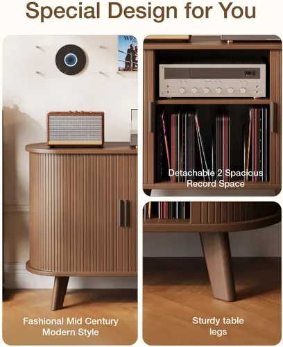 Vista 5 de Soporte para tocadiscos, mueble moderno de mediados de siglo con puertas correderas, gabinete de estantería de audio-video, soporte de medios