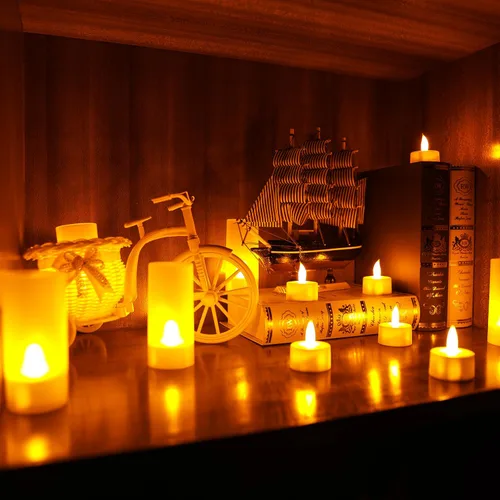 Vista 4 de Esup Velas recargables sin llama, parpadeantes, 12 unidades, con base blanca, decoración de fiestas, bodas, bar, familia, cena al aire libre picnic