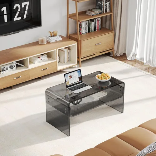 Vista 4 de Mesa auxiliar acrílica, mesa auxiliar moderna rectangular negra, mesa de té con almacenamiento abierto, adecuada para sala de estar, recepción