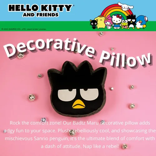 Vista 2 de Hello Kitty & Friends Badtz Maru Ropa de Cama Almohada Decorativa de Felpa Súper Suave, Talla Única, (Producto 100% Oficialmente Licenciado) por