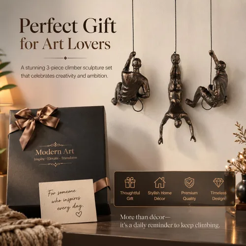 Vista 9 de Gran conjunto de 3 esculturas de pared de hombres escalando Arte decorativo de pared nórdica de simplicidad moderna, esculturas de hombre escalador