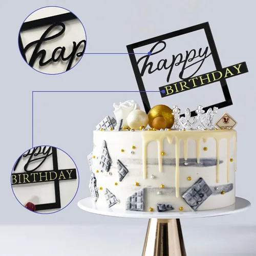 Vista 4 de 10 adornos acrílicos negros de feliz cumpleaños para tartas, 10 estilos
