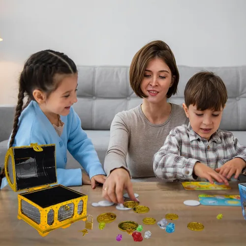 Vista 6 de Cofre del tesoro pirata para niños, caja de almacenamiento de plástico con borde dorado con cerradura y llave para juegos de caza para niños, fiesta