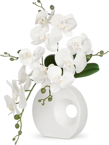 Vista 10 de Briful Flores de orquídea artificiales en jarrón de cerámica moderna de 40 cm de altura, arreglo de orquídea azul falsa de seda, flor de orquídea