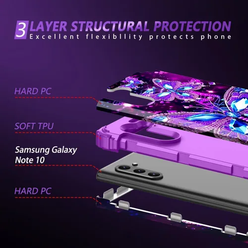 Vista 3 de Hekodonk Funda para Galaxy Note 10, que brilla en la oscuridad, tres capas, resistente, protección a prueba de golpes, plástico duro+silicona suave