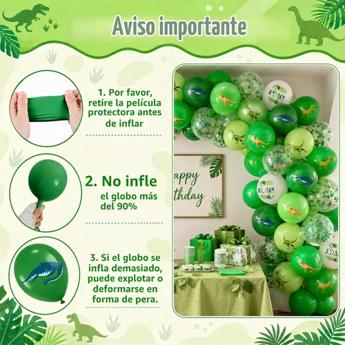 Vista 3 de Globos de dinosaurio, 12 pulgadas, decoraciones de safari en la selva para Conjunto de látex con estampado de dinosaurio verde claro y blanco